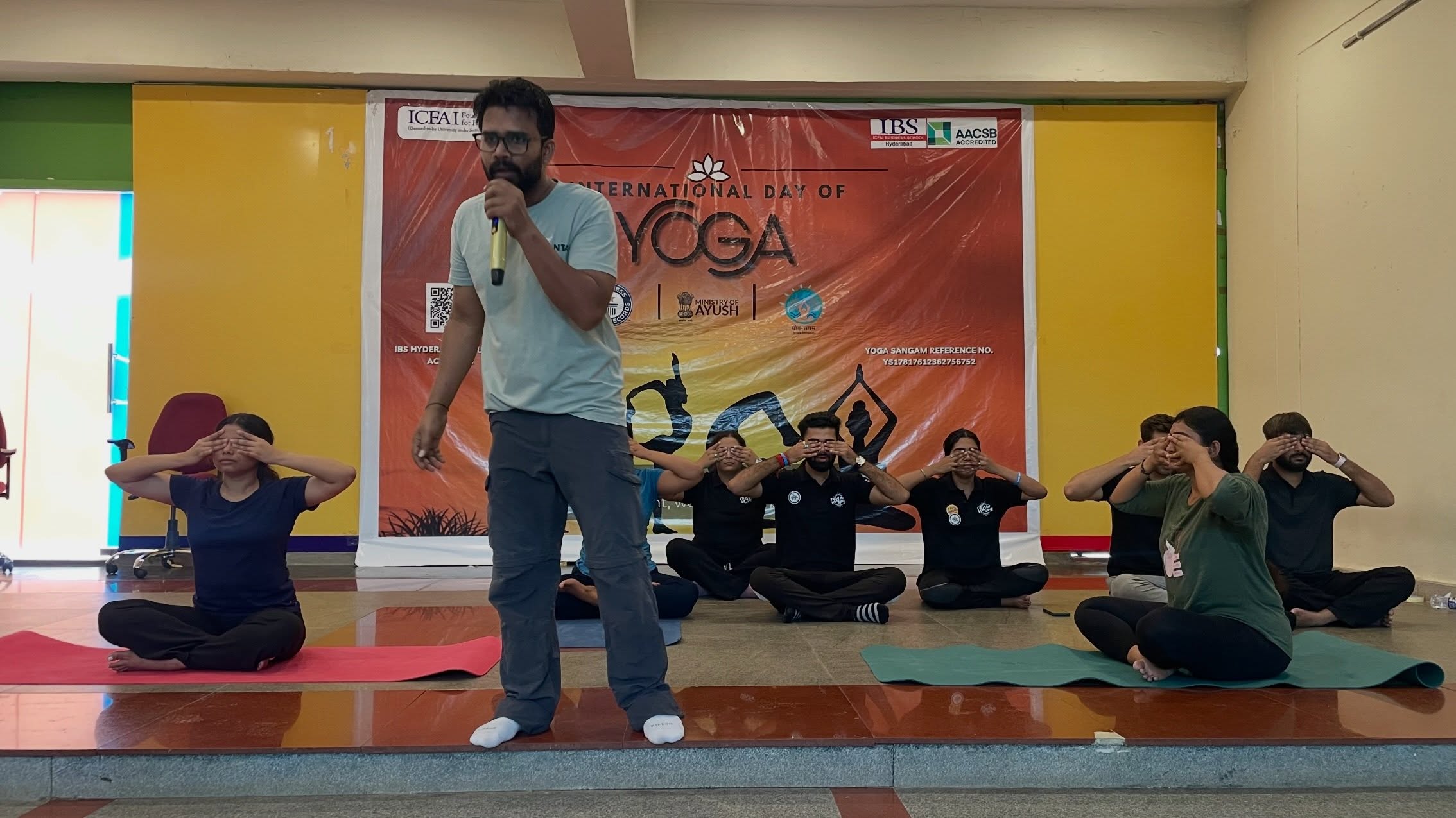 Raushan Yoganta taking corporate yoga session at IBS Hyderabad on the occasion of International Yoga Day 2026.