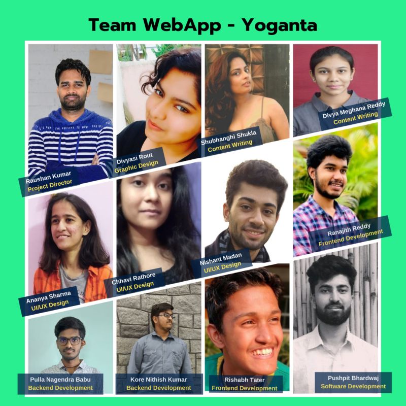 Team members and interns who contributed to the development of the first Yoganta web application project, name from top left to right Raushan Kumar, Divyasi Rout, Shubhangi Shukla, Divya Meghana Reddy, Ananya Sharma, Chhavi Rathore, Nishant Madan, Ranajith Reddy Lakky Reddy, Nagendra Babu, Pulla Nithish Kumar, Rishabh Tater, and Pushpit Bhardwaj