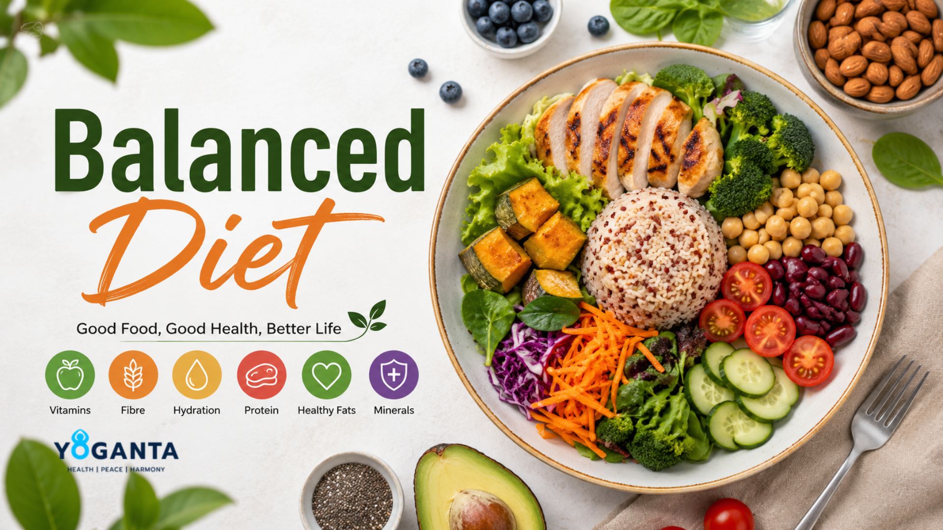 Balanced diet plate with carbohydrates, proteins, healthy fats, vitamins, minerals, fibre and water.